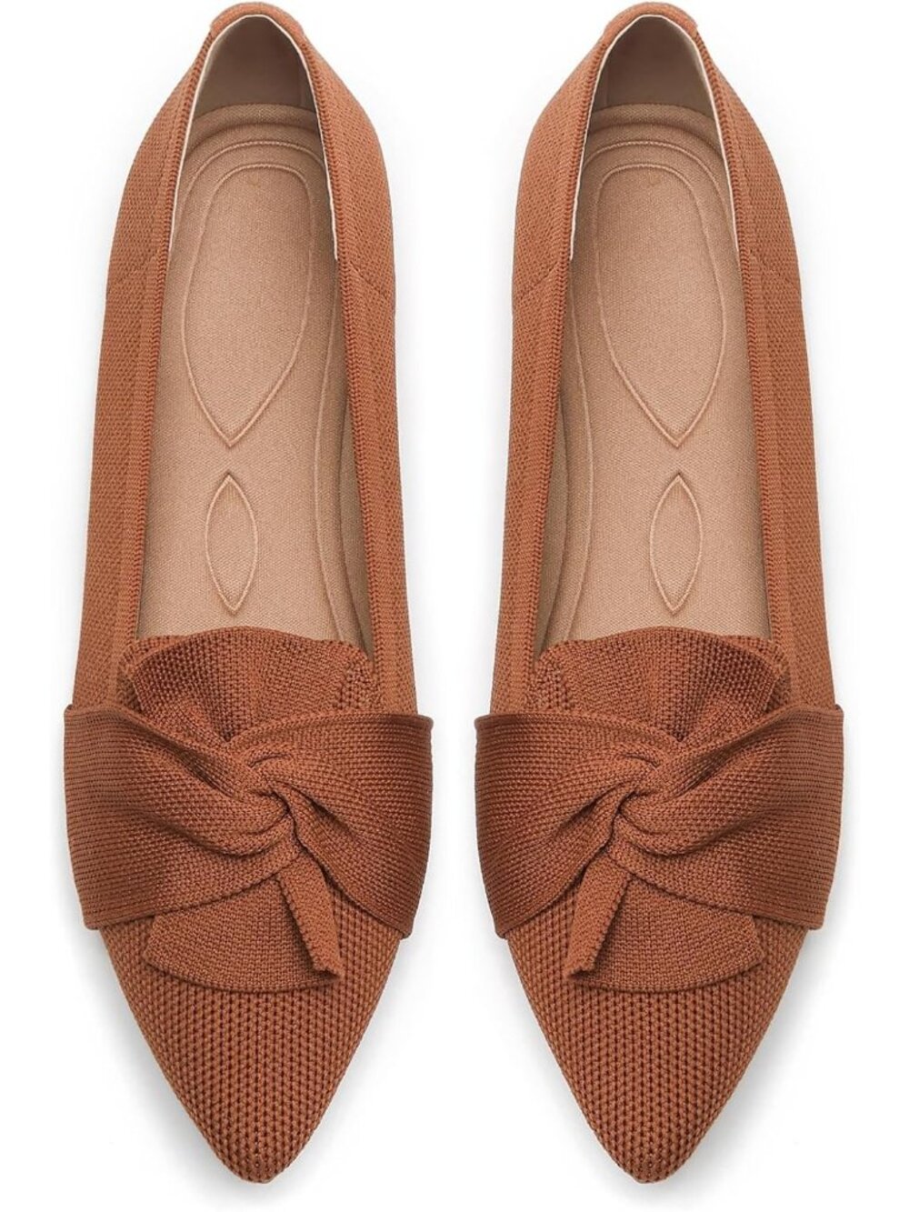Womens All Brown Comfortable Pointed Toe Knit Foldable Slip On Ballet Flat Shoes